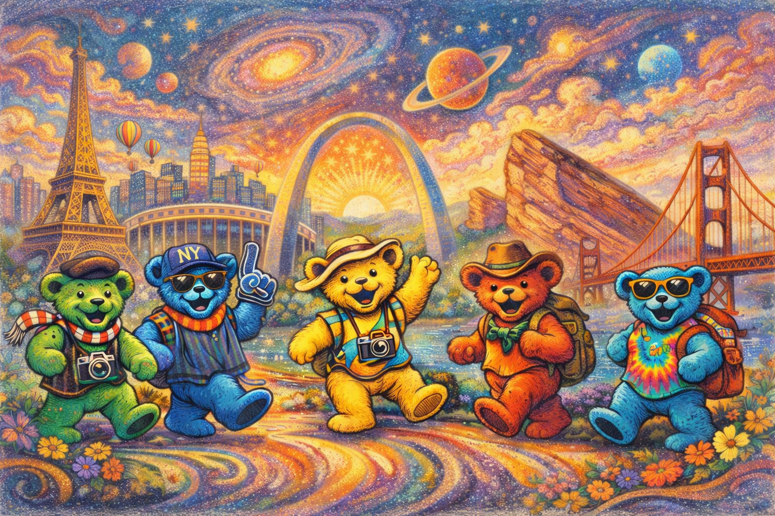 Dancing Grateful Dead bears traveling the globe